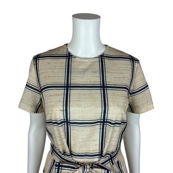 Vintage 70s Polyester Dress Women's Medium Striped Plaid Blue Cream Shift - Picture 5 of 11